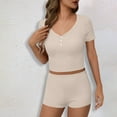 thumbnail image 6 of Viluyesy Round Neck T-Shirt and Shorts Set for Womens Solid Color Tops Elastic Waist Short Pants Shirt and Shorts Sets Two PC Beige Size XL, 6 of 6