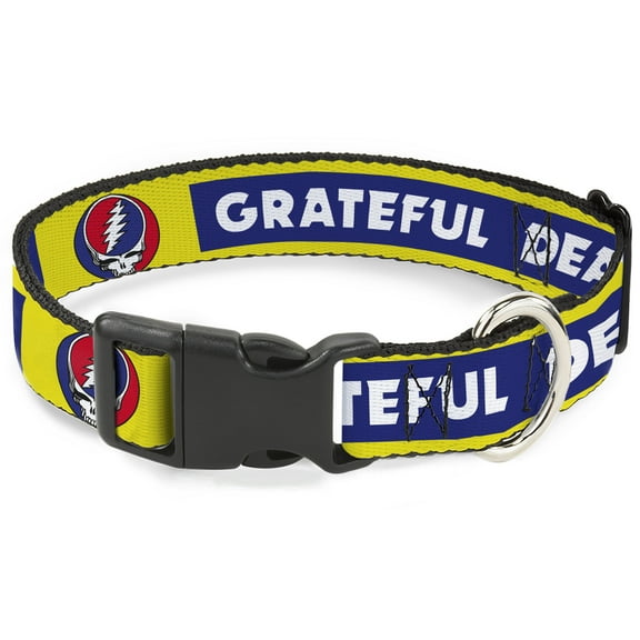 Grateful Dead Pet Collar, Dog Collar Plastic Buckle, Grateful Dead Text Box and Steal Your Face Logo Yellow/Blue, 7 to 8.5 Inches 0.5 Inch Wide