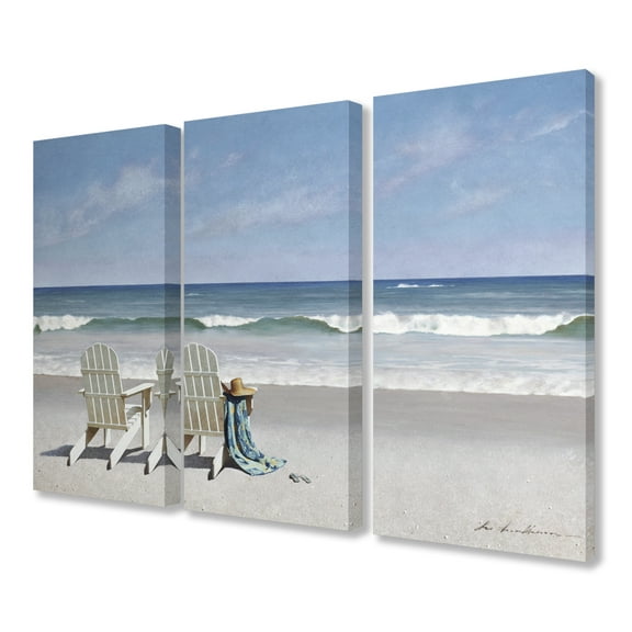 The Stupell Home Decor Two White Adirondack Chairs with Towel on the Beach Triptych Canvas Wall Art, 3pc, each 16 x 24