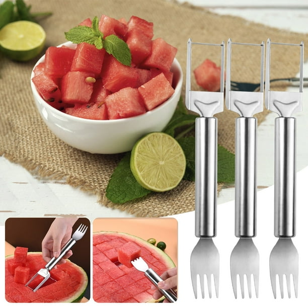 pstuiky Cortador de sandía multifuncional de acero inoxidable|tenedor para sandía|divisor de sandía|bloque de corte|herramienta para cortar sandía|tenedor para frutas con mango de tubo redondo