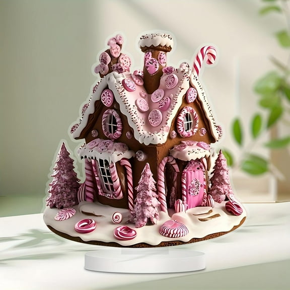 Ktoot 1pc Christmas Pink Candy House Tabletop Decor, 2D Acrylic Christmas Cabin with Candy Cane, Festive Desktop Decoration for Home Holiday & Winter Party – Unique Xmas Gift