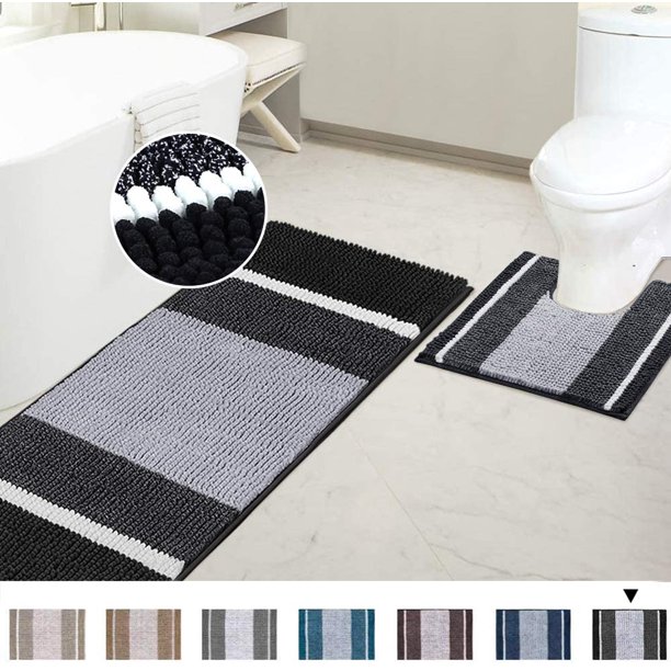 Juego de 2 alfombrillas de baño de chenilla supergruesas y suaves, lavables a máquina, para baño, secado rápido, absorbentes de agua, color negro (paquete de 2 a 20 x 32 pulgadas/17 x 24 pulgadas), color negro a rayas de 47 x 17 pulgadas Más 20 x 20