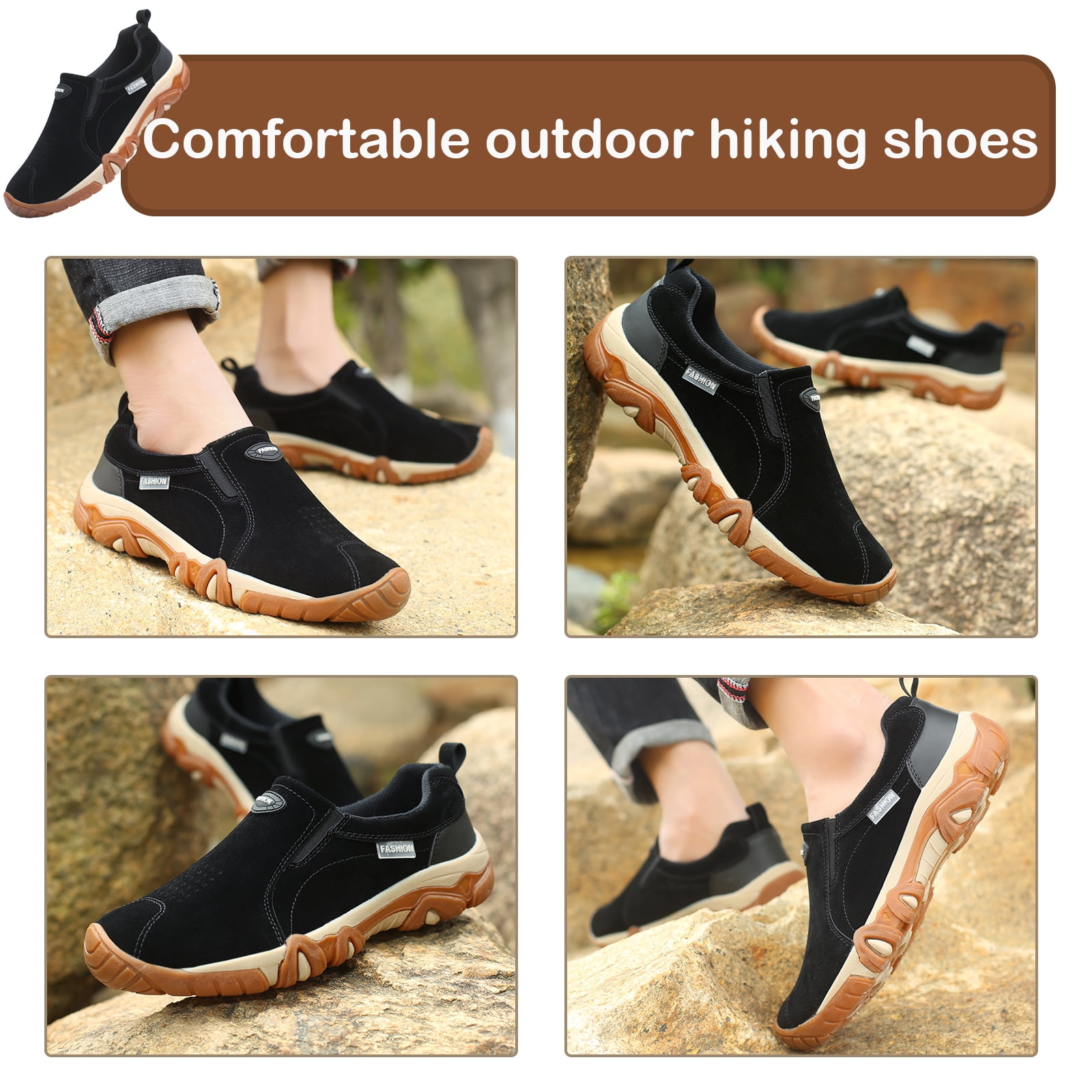Hiking Shoes for Men Laceless Suede Breathable Slip Resistant Boots Lightweight Sneakers for Outdoor Walking Trekking Trail