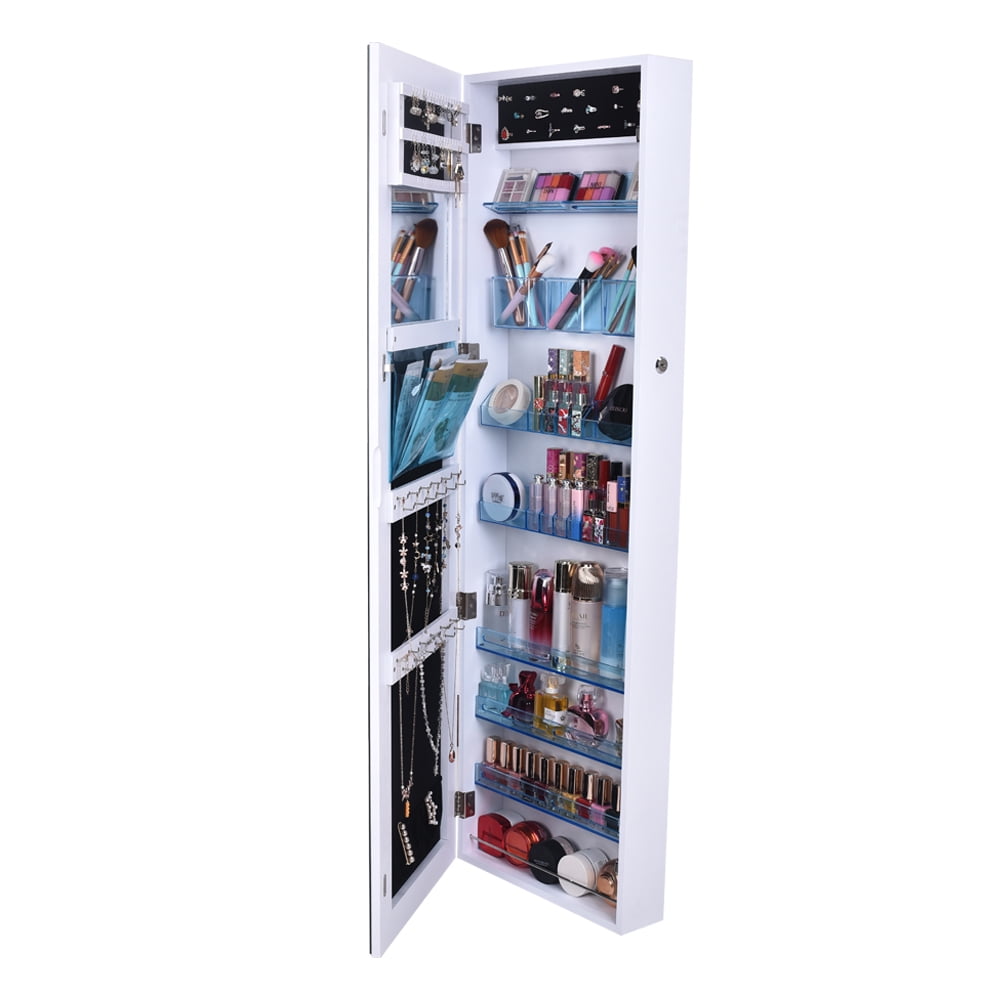 Kepooman 8-Layer Wall Mounted Acrylic Storage Mirror Cabinet, Modern Lockable Jewelry Armoire for Earrings Necklaces, White Kepooman 8-Layer Wall Mounted Acrylic Storage Mirror Cabinet, Modern Lockable Jewelry Armoire for Earrings Necklaces, White