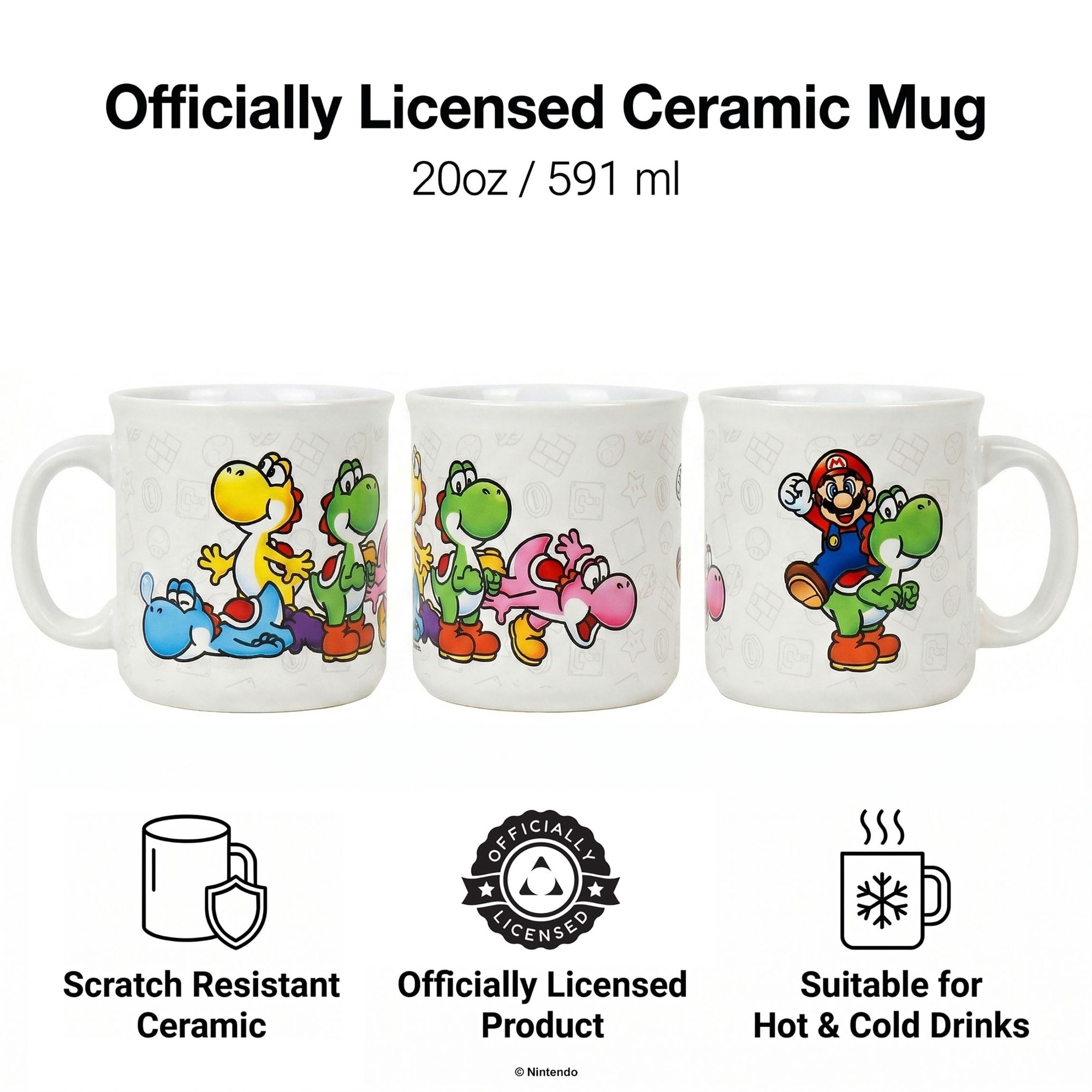 Pyramid America: Super Mario: Mario & Yoshi - 20oz Ceramic Camper Mug -Coffee Tea Cup, Microwave-Dishwasher Safe, Video Game Fan Collectible, Licensed