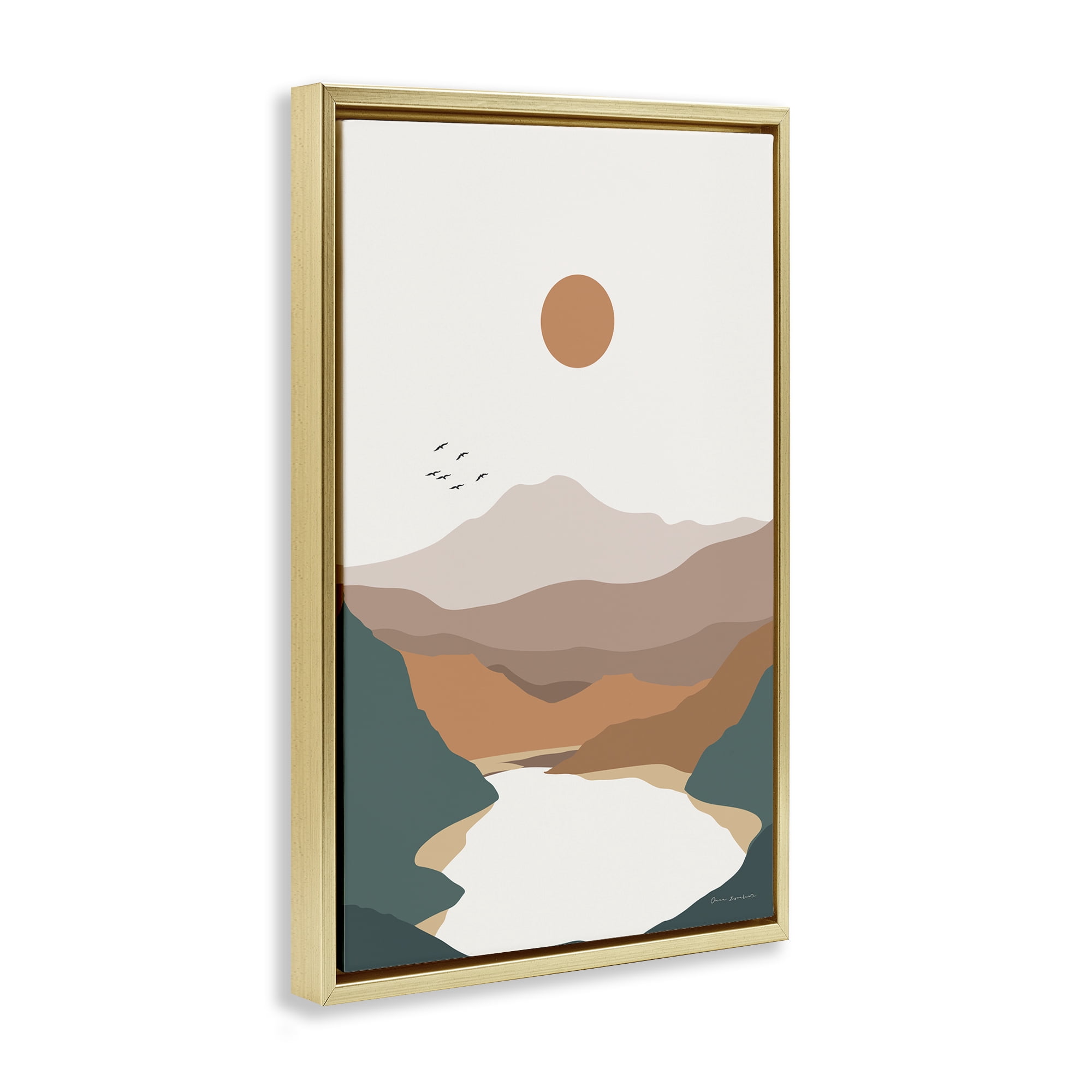Stupell Industries Mountain Valley Lake Landscape & Nature Painting Gold Floater Framed Canvas Art Print Wall Art, 17 x 25