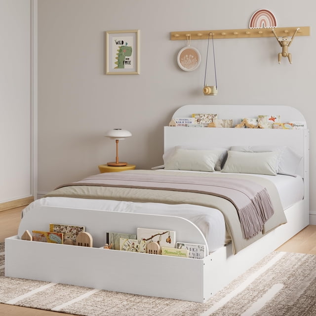 Cadre de Lit Plateforme en Bois Robuste Format Simple TG avec Tête et Pied de Lit de Rangement – Lattes Robustes, Aucun Sommier Requis, Assemblage Facile – Mobilier de Chambre Idéal, Blanc