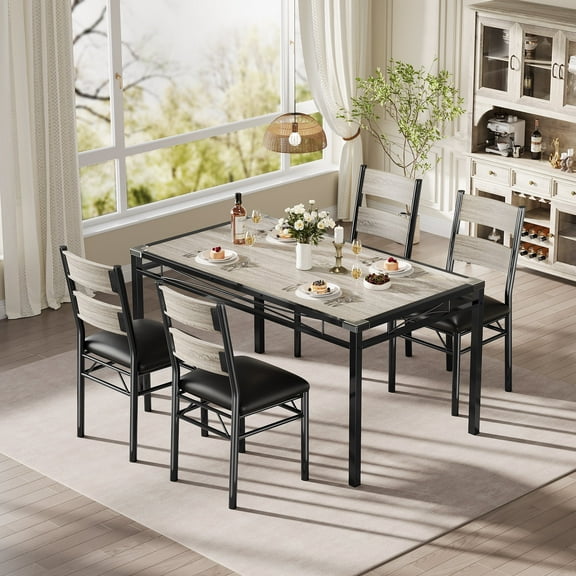 Dining Table Set for 4, Kitchen Table with 4 Padded Chairs, 5 Piece Wood Dining Set with Rounded Corners for Small Spaces