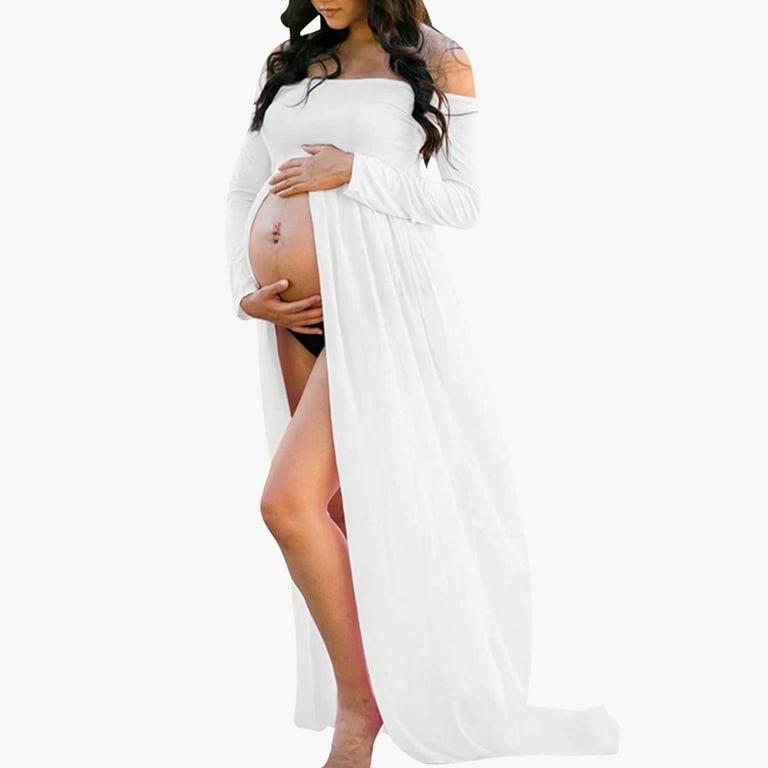 knee length dresses for ladies Maternity Dress for Photo Shoot, Women Long Sleeve Solid Off Shoulder –  LAVENDER & BLUES main image 1