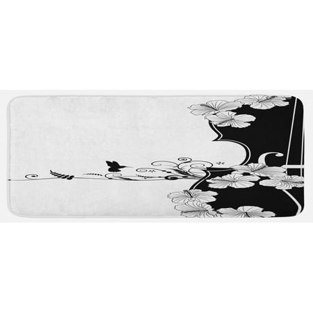 

Art Nouveau Kitchen Mat Flower Musical Composition with Bird Scrolled Lily Petals Nature Growth Plush Decorative Kitchen Mat with Non Slip Backing 47 X 19 Black and White by Ambesonne