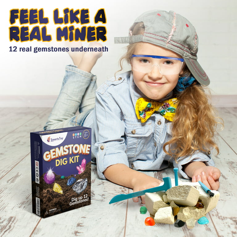 Gem dig kit for kids- Gemstones Science arts and crafts for kids Unique  gifts for kids Find 12 Real Precious Gems crystals Stones for Mineral &  Rock Collection s 