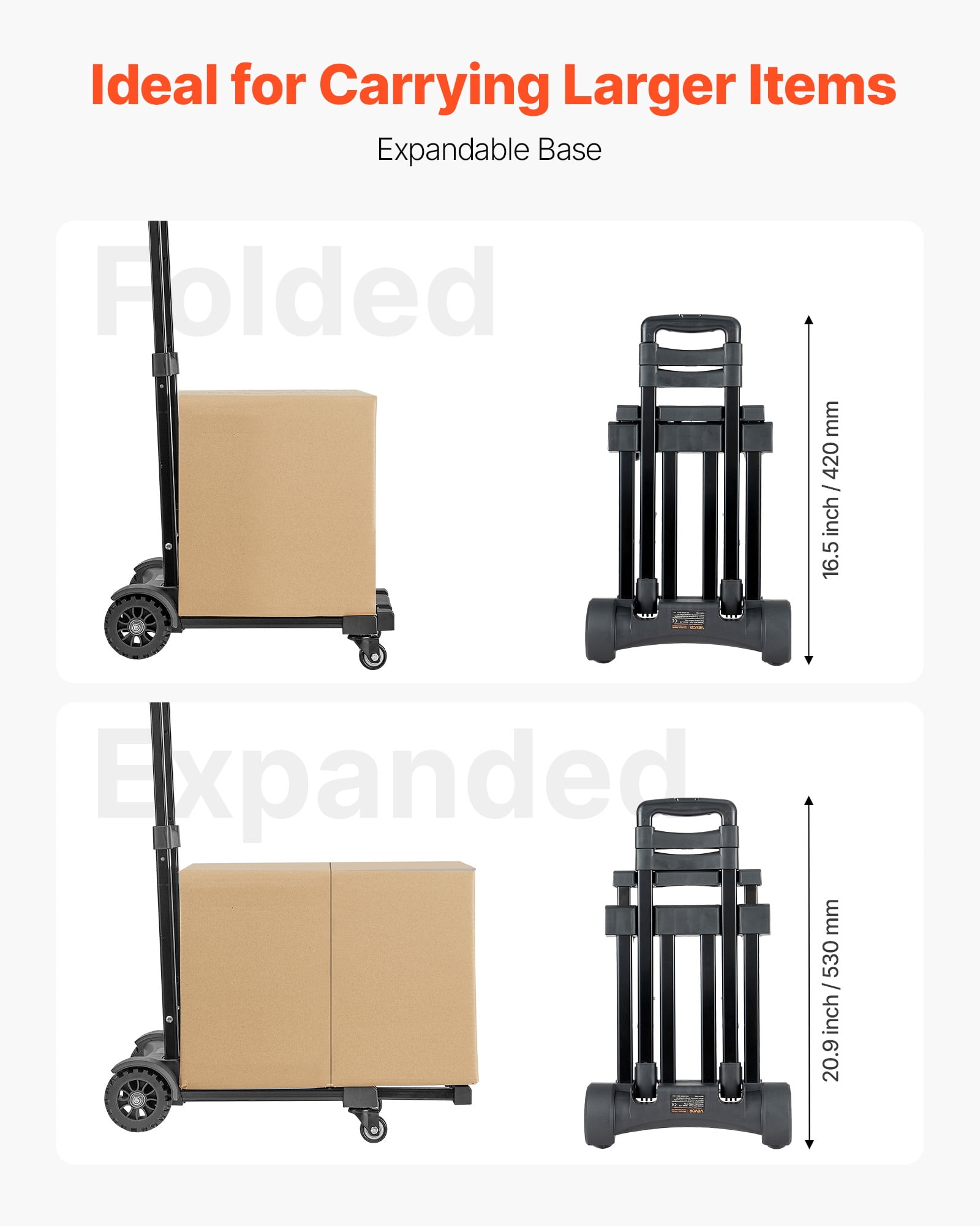 VEVOR Folding Hand Truck, 290 lbs Load Capacity, Collapsible Luggage Cart with 4 Wheels,2 Elastic Ropes & Expandable Base,Utility Dolly Platform Cart for Airport Travel Luggage Office Moving,Black