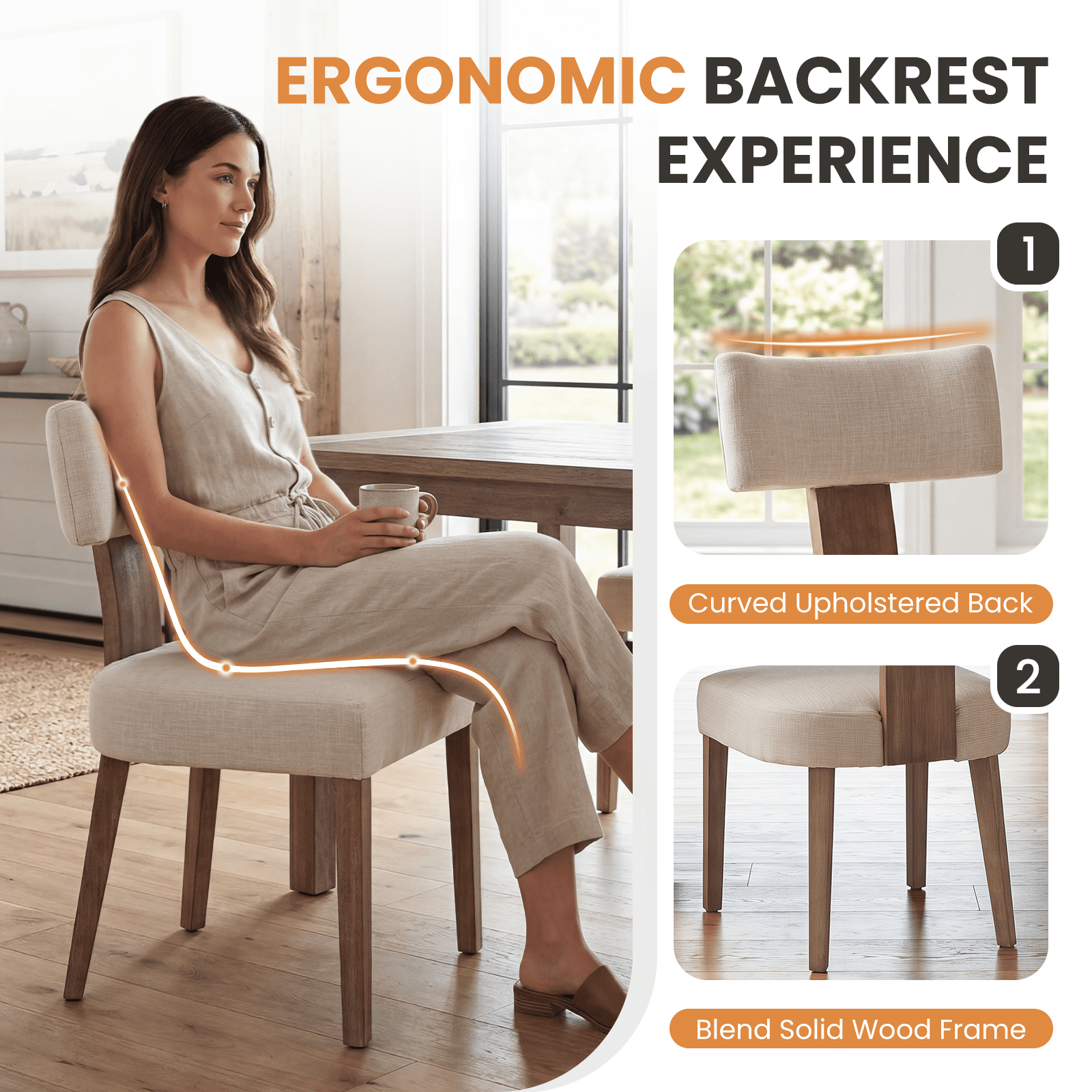 Guyou Dining Chairs Set of 4, Mid-Century Modern Linen Upholstered Kitchen Chairs with Curved Backrest, Wooden Side Chairs for Dining Kitchen Living Room Bedroom, Beige