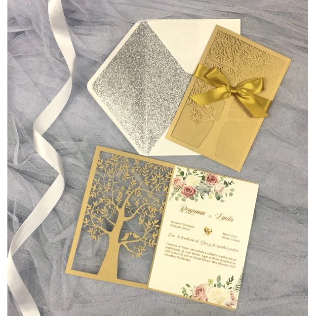 Tarjetas de invitación blancas cortadas con láser, árbol dorado, bolsillo de boda, invitación de fiesta de cumpleaños, invitaciones de matrimonio, sobre plateado brillante, 1 pieza