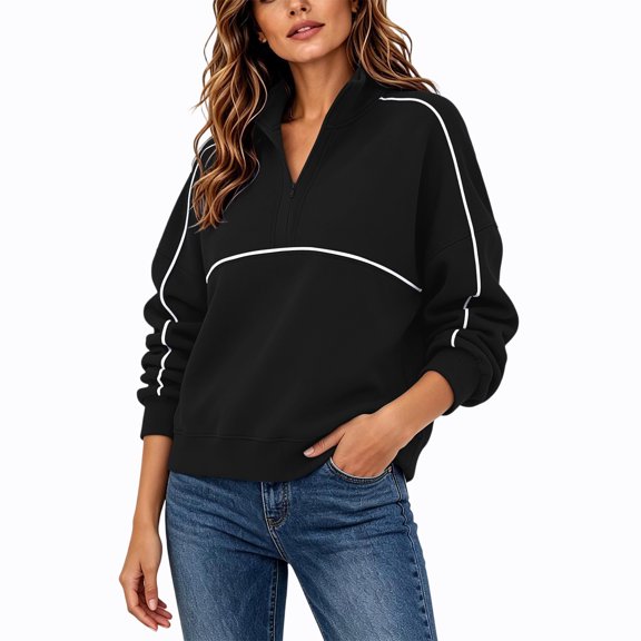 ClodeEU Women's Color Block Stripe Half Zip Collar Long Sleeve Sweatshirt,Casual Loose Pullover Top Black,Women's Plus L