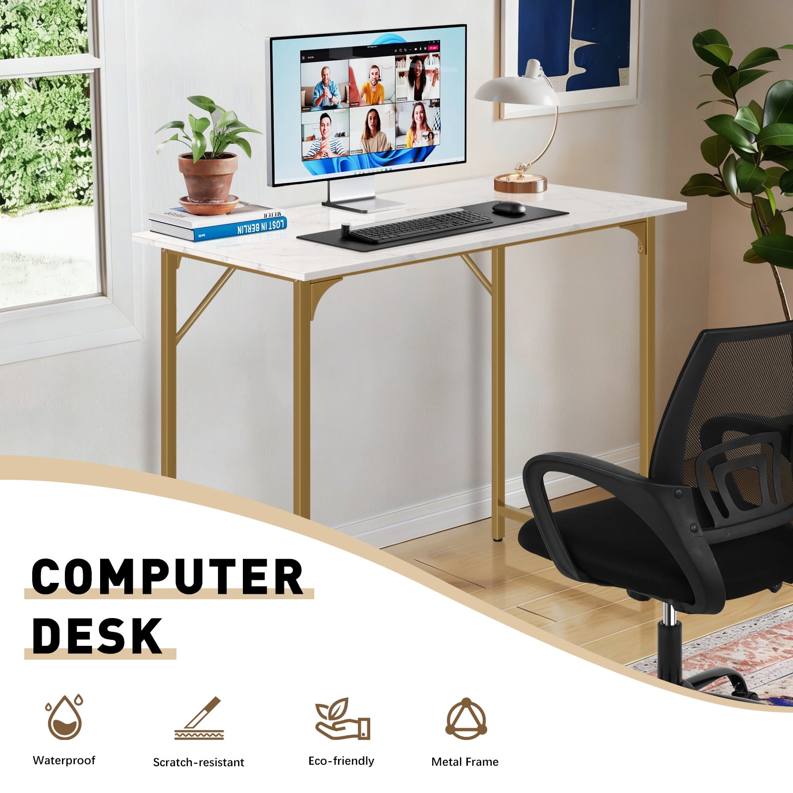 Dkelincs 32 inch Computer Desk and Chair Set Home Office Modern Wood Study Desk & Mesh Ergonomic Height Adjustable Office Chair for Small Spaces, Gold & Black