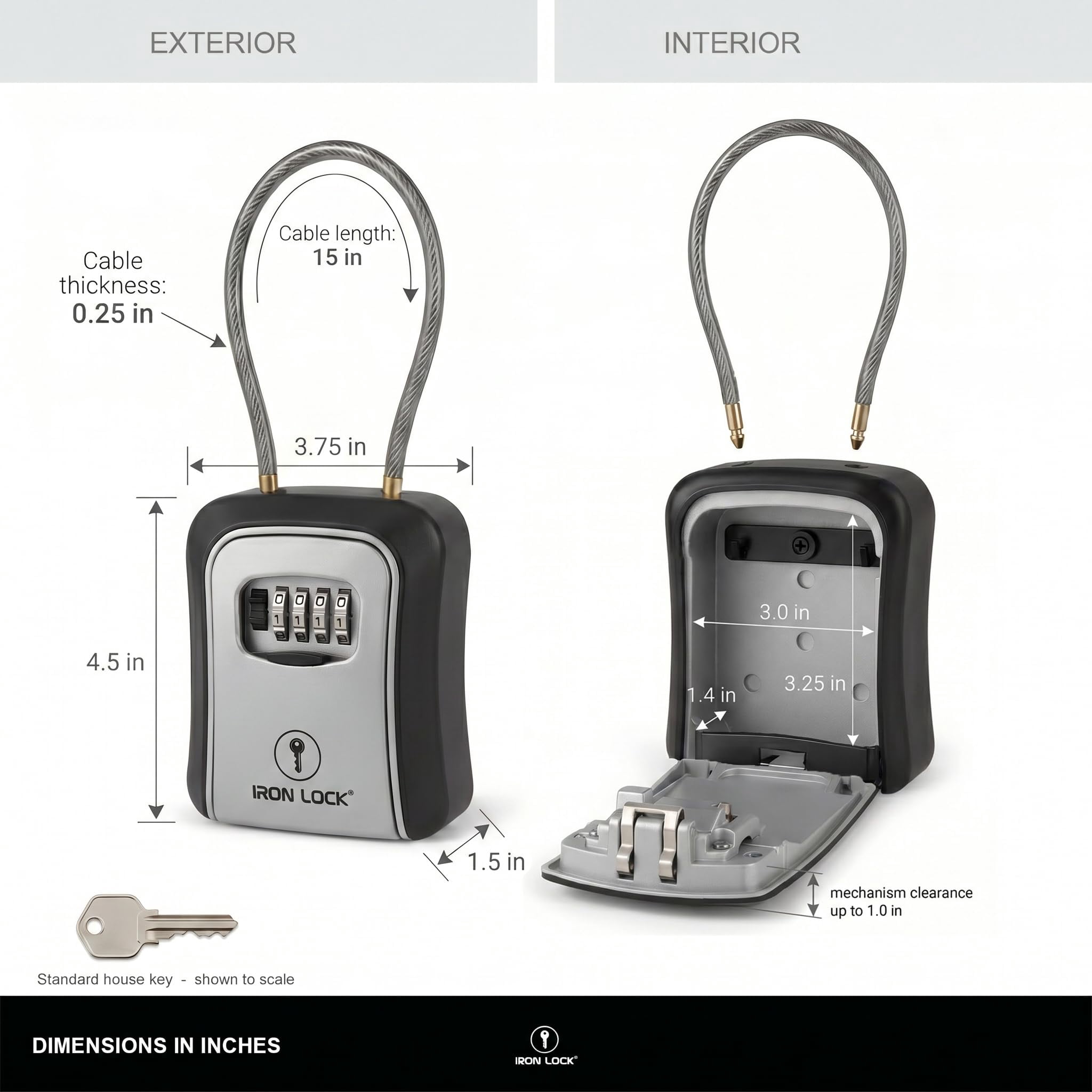 Iron Lock® Key Lock Box Portable with Cable Shackle & Wall Mount – Waterproof Metal Lock Box for Keys with 4-Digit Combination & Resettable Code – Indoor/Outdoor Key Safe (Grey, Medium)