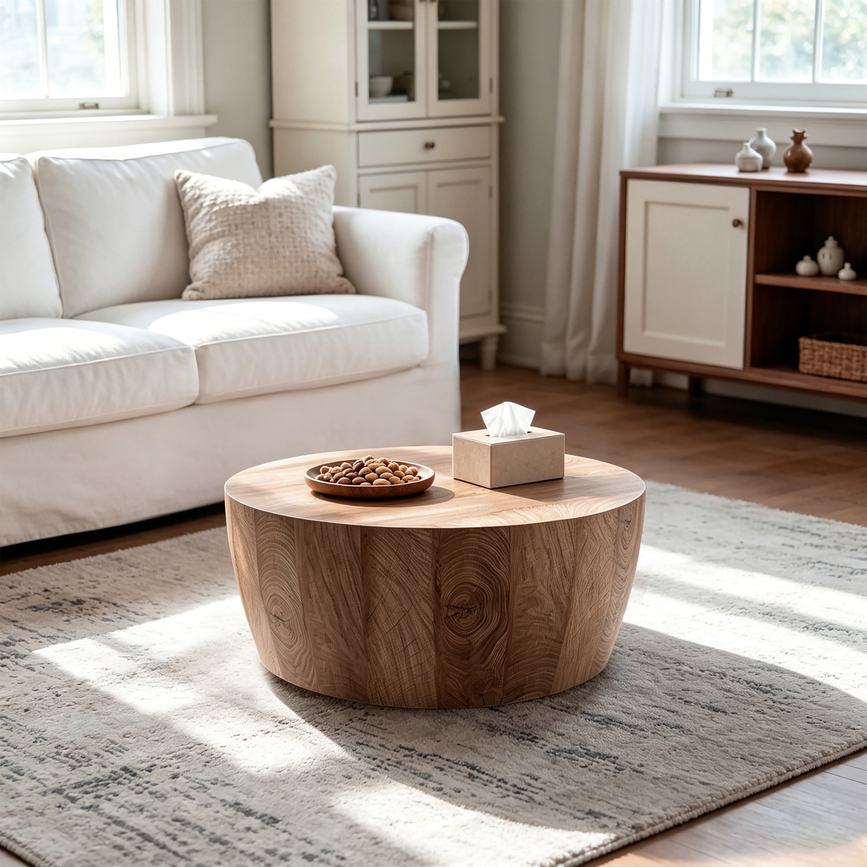 CasaGlajore Round Drum Coffee Table In Natural Finish, Round Coffee Table Made Of High-Quality MDF, Fully Assembled Living Room Table