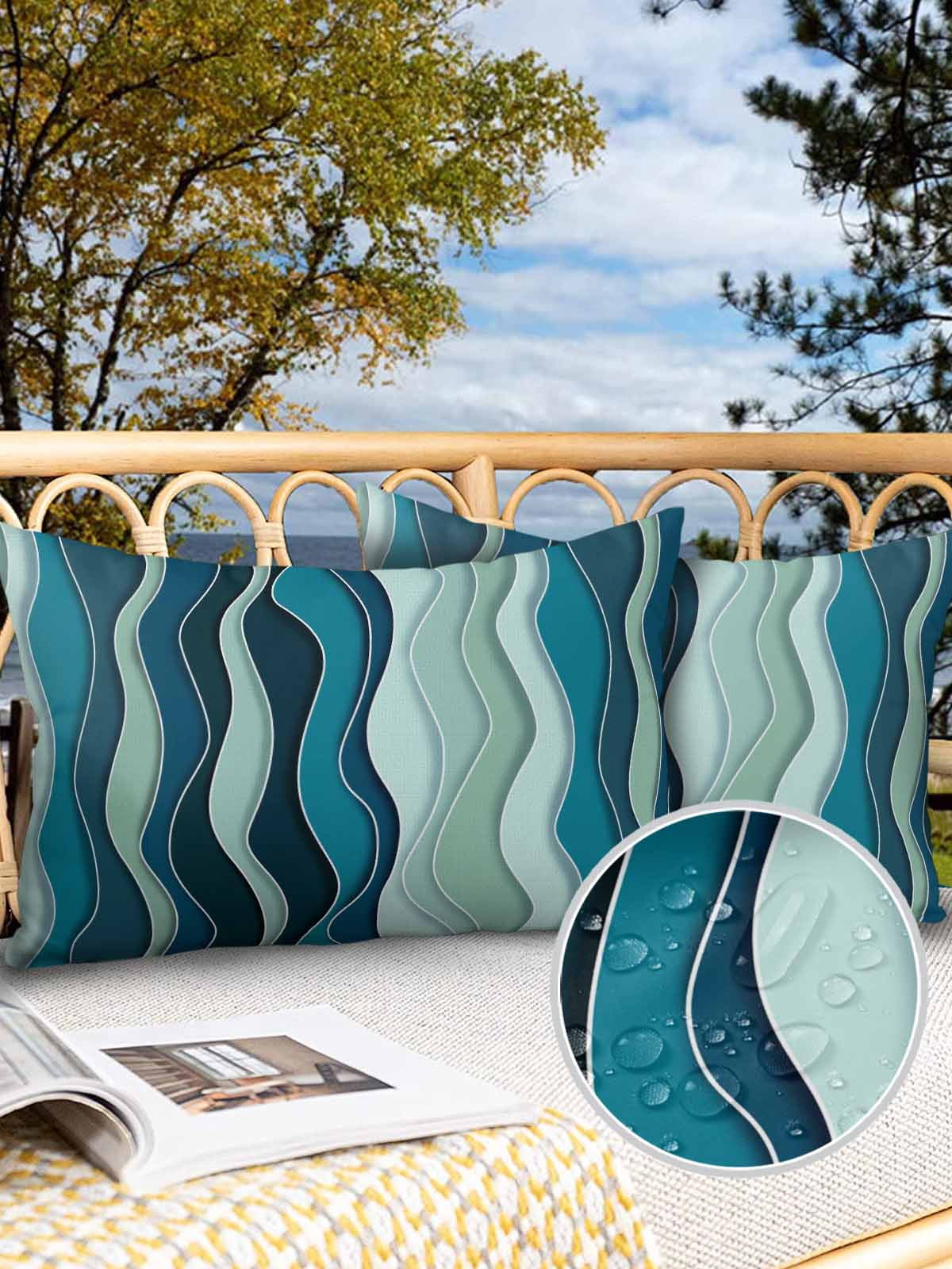Outdoor Waterproof Throw Pillow Covers Set of 2 Teal Waves Decorative Pillowcases Lumbar Outdoor Pillows Cushion Case 20x12 Inch Abstract Lines Patio Pillows for Couch Sofa Bed Garden