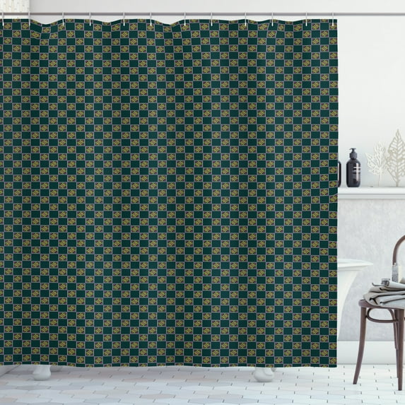 Retro Shower Curtain, Diagonal Motifs with Swirls and Stars in Square Frames Tile Arrangement Victorian, Fabric Bathroom Set with Hooks, 69W X 84L Inches Extra Long, Multicolor, by Ambesonne