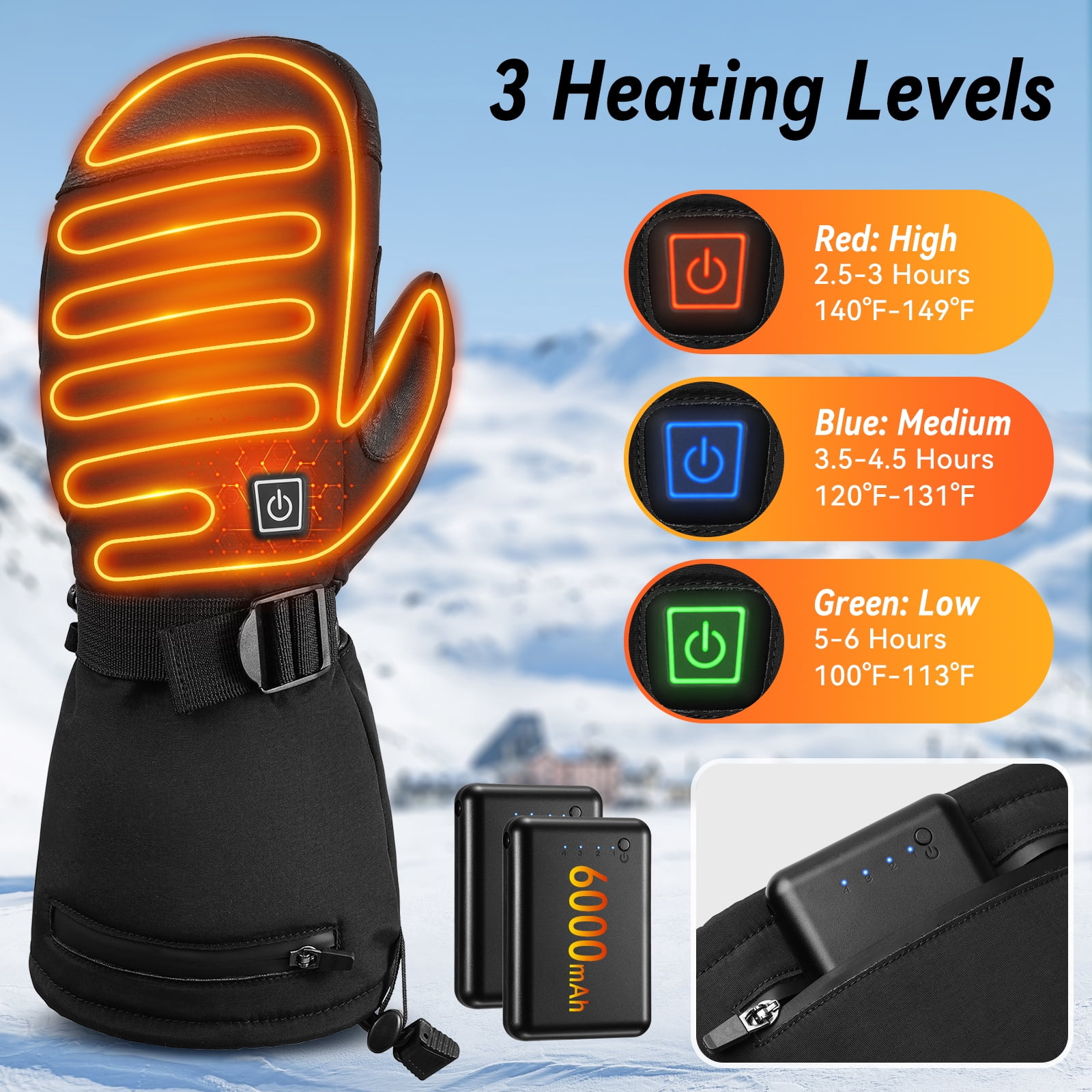 OZERO Heated Gloves Mittens for Men Women: 6000mAh Rechargeable Electric Heating Gloves for Skiing, Hunting, Fishing