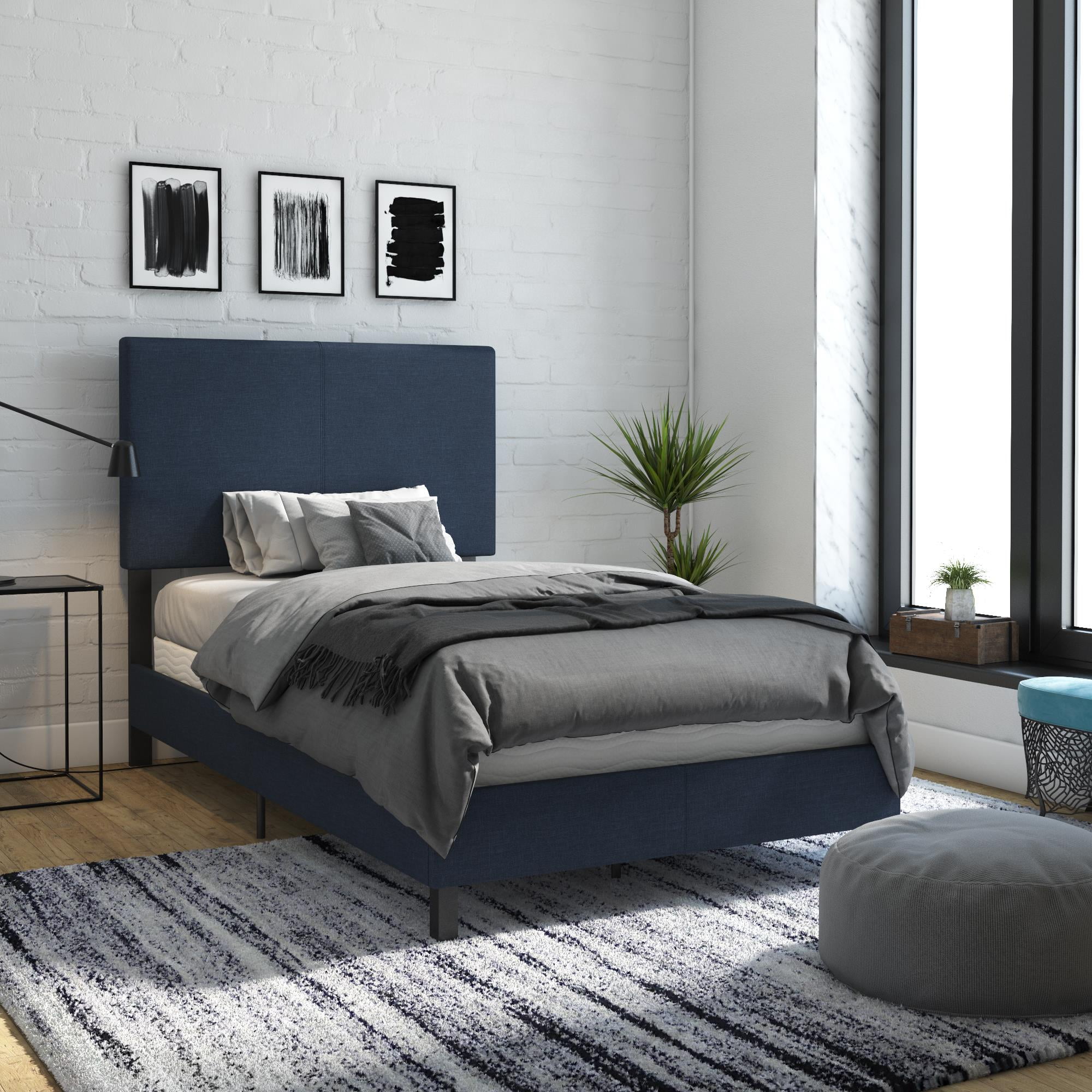 Desert Fields Janford Upholstered Bed with Headboard, Twin, Navy Blue ...