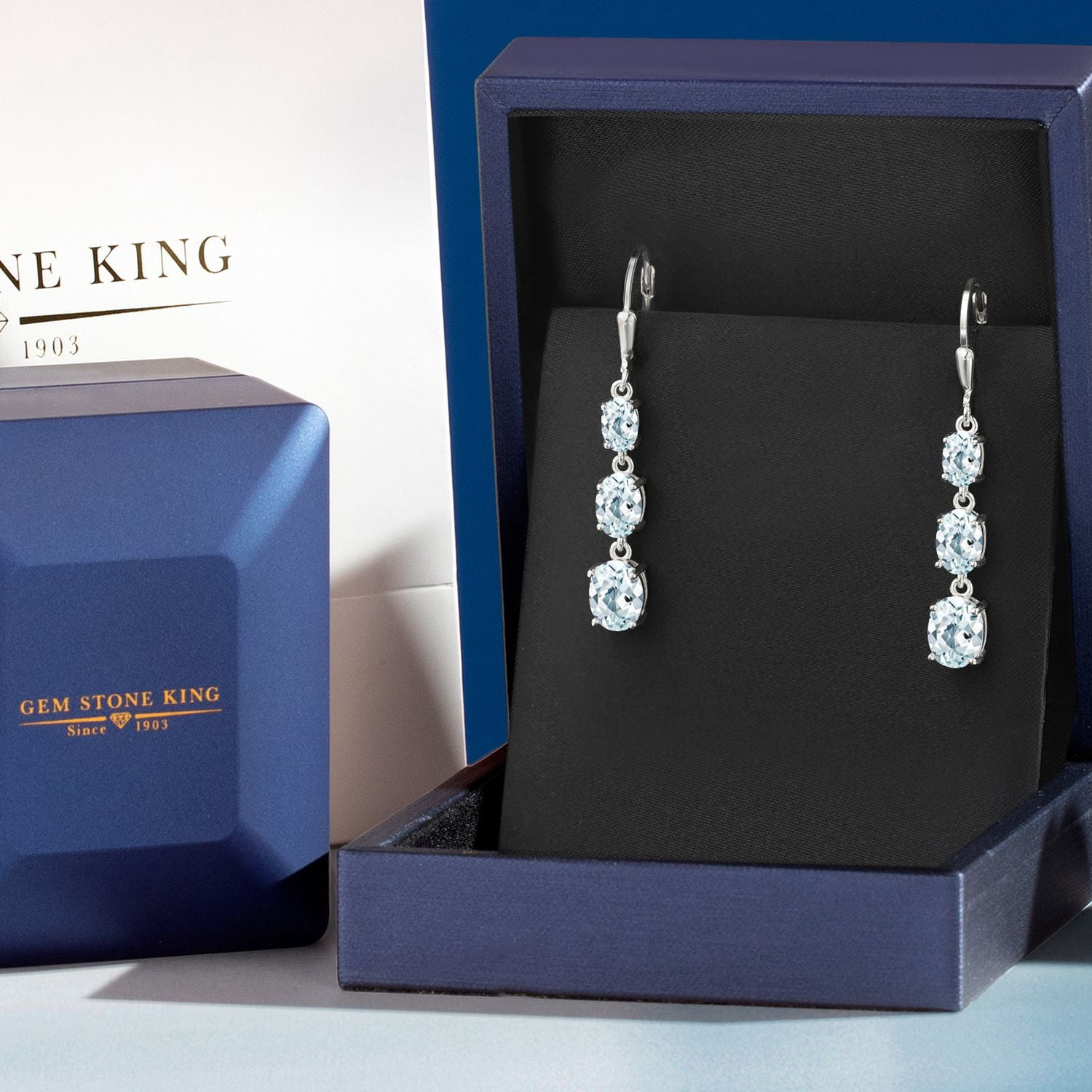 Gem Stone King 925 Sterling Silver Sky Blue Aquamarine 3 Stone Dangle Earrings for Women (4.90 Cttw, Gemstone March Birthstone, Oval 8X6MM, 7X5MM and 6X4MM)