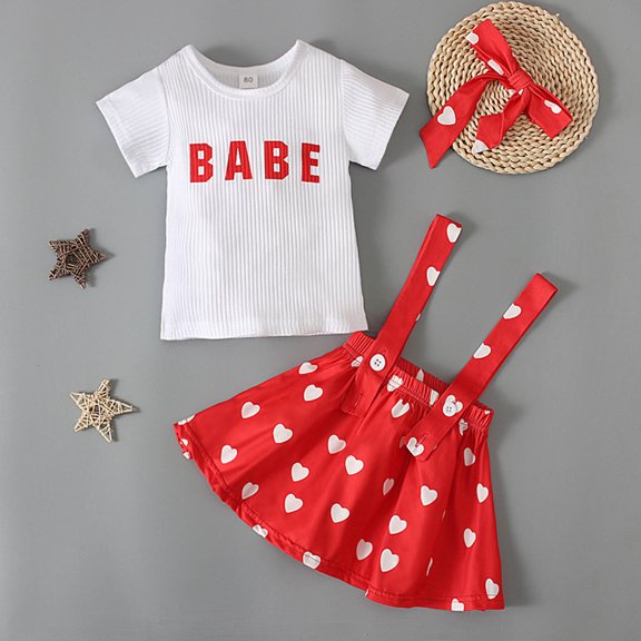 Lilgiuy Toddler Kids Baby Girls Fashion Cute Long Sleeve Sweet Heart Letter Print Ruffles Strap Skirt Headband Suit