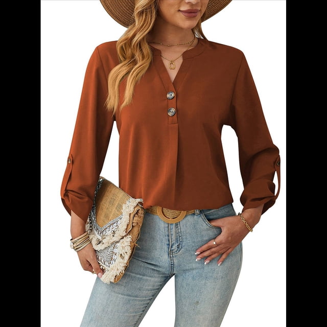 Camisas Holgadas de Larga Tipo Farol para Mujer, Blusas con Puños Fruncidos para el Trabajo, Blusas de Otoño. Rojo Marrón L