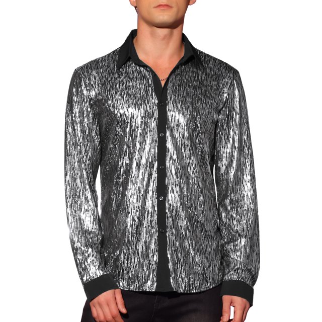 Camisas de lentejuelas para hombres, camisa disco brillante de mangas largas, plateada, XL