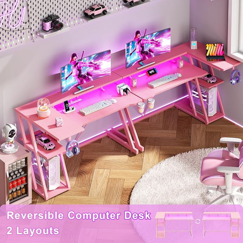 40 Inch Gaming Desk with Power Outlet & LED Lights, L Shaped Computer Gaming Table with 3 Tiers Storage Shelves, Corner Gamer Desk with Monitor Stand for Small Space,