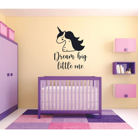 Dream Big Little One Unicorn Newborn Baby Babies Quote Wall Sticker Art Decal for Girls Boys Room Bedroom Nursery Kindergarten House Fun Home Decor Stickers Wall Art Vinyl Decoration Size (20x18 inch)