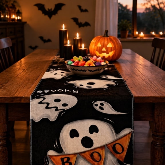 Tuvgenk Halloween Table Runner 72x14 Inch Spooky Ghost Pumpkin Kitchen Dining Decor for Fall Party Buffet Tabletop Accent