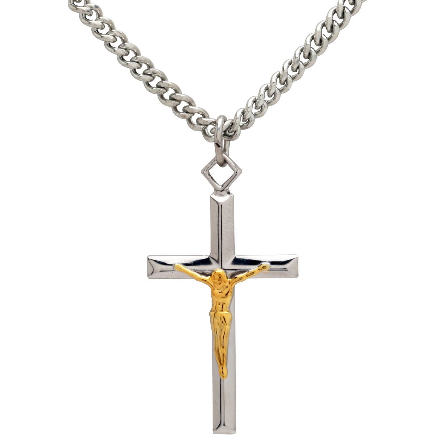Stainless Steel Crystal Cross Crucifix Pendant Necklace