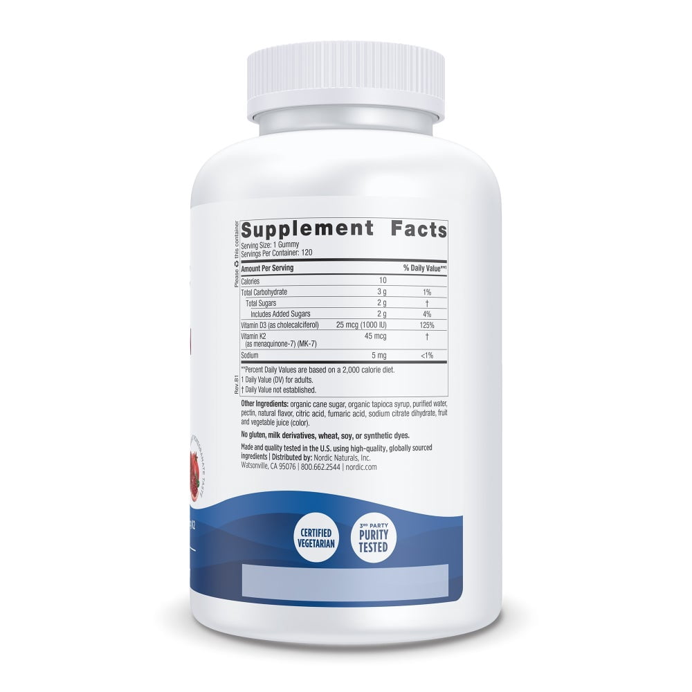 Nordic Naturals Vitamin D3+K2 Gummies, 1000 IU, Great Taste, Non-GMO 120 Ct