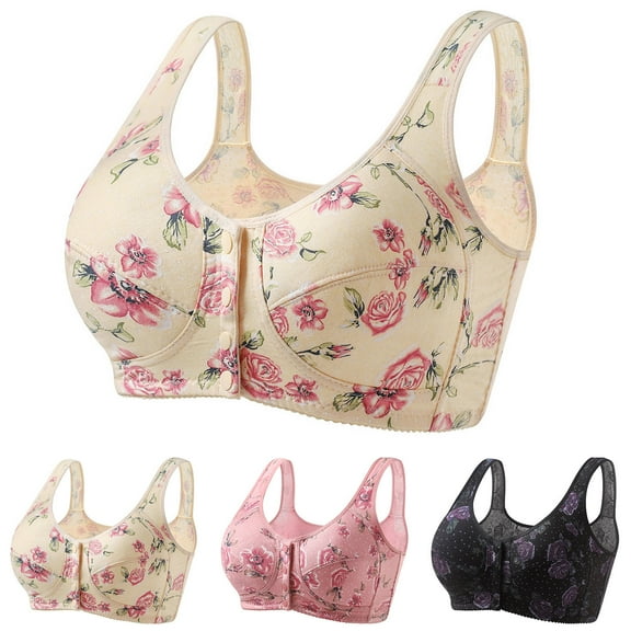 EaskTriop Front Closure Bras for Older Women No Underwire Wireless Full Support Snap Bra Daily Bra Floral Cotton Bralette Plus Size