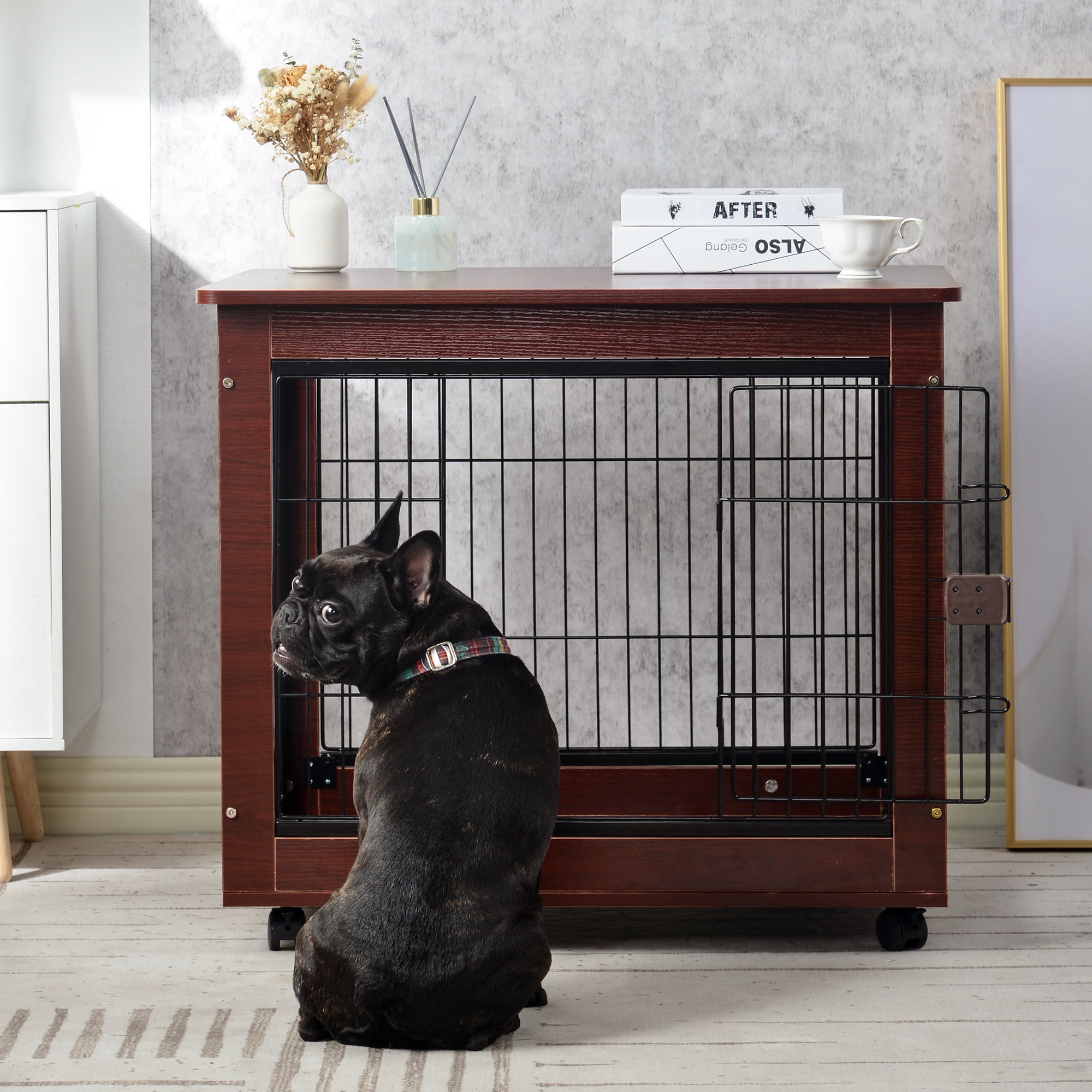 Furniture Style Dog Crate End Table with Lockable Casters, Wooden Wire