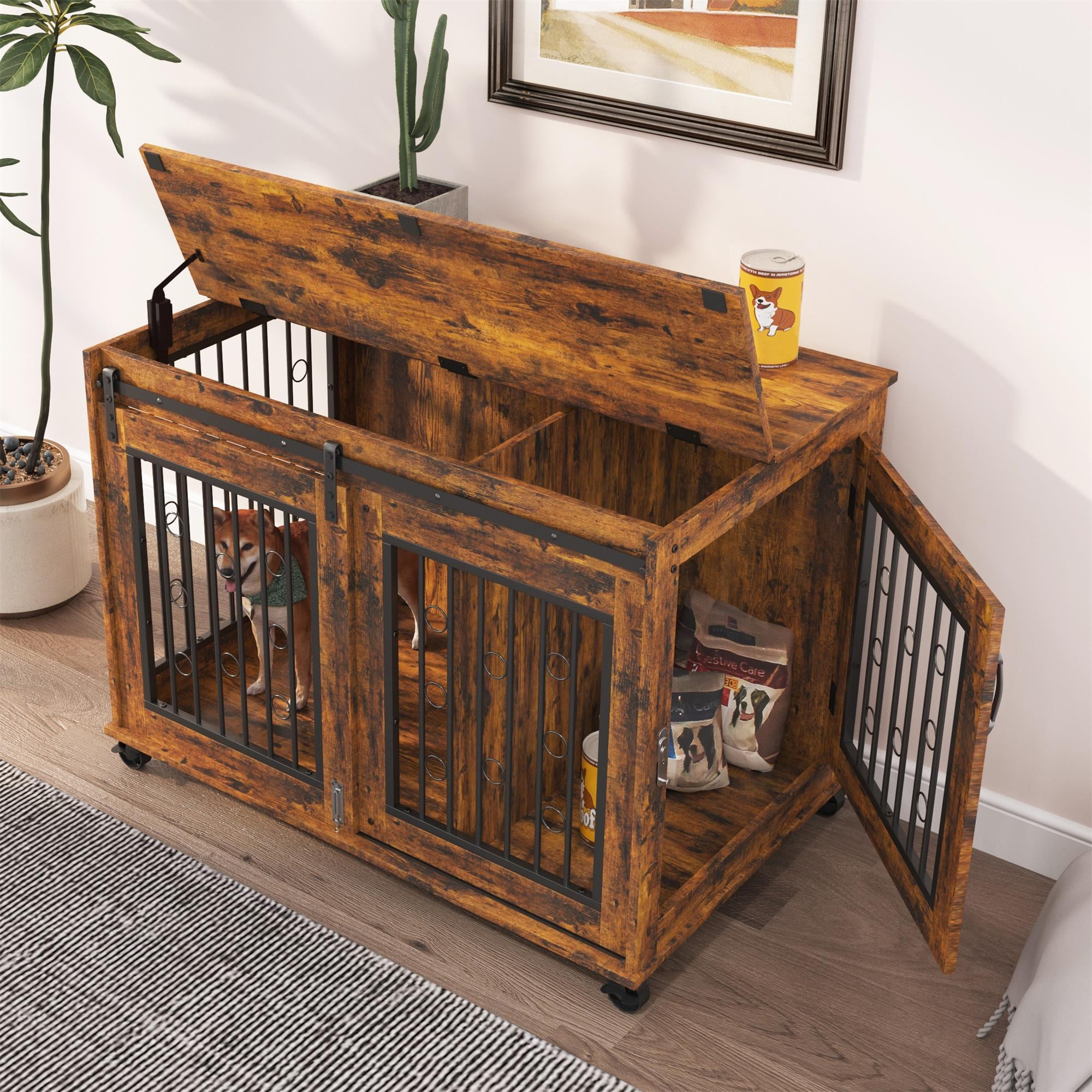 Pefilos 39" Dog Crate for Medium Dogs Sliding Door Wooden Dog Cage with Partition for Two Puppies Dog House Indoor, Brown Pefilos 39" Dog Crate for Medium Dogs Sliding Door Wooden Dog Cage with Partition for Two Puppies Dog House Indoor, Brown
