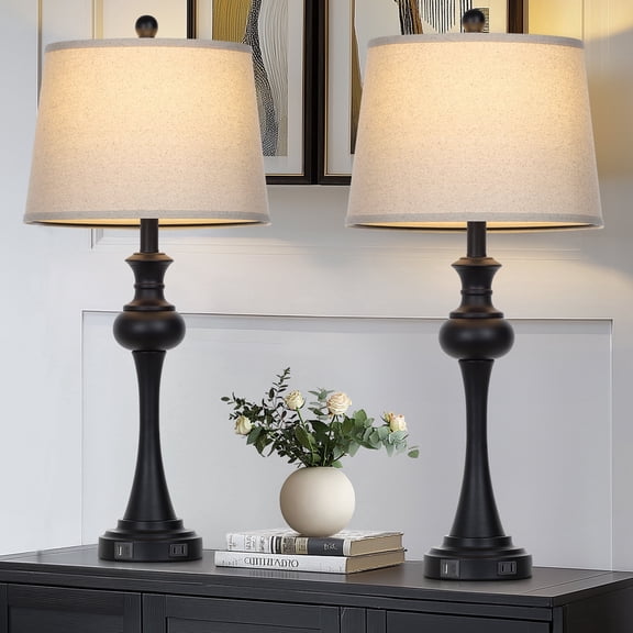 Cinkeda 29.5" Black Table Lamps Set of 2, 3-Level Touch Control Bedside Nightstand Lamps with USB & Type-C Ports, AC Outlet for Living Room Bedroom
