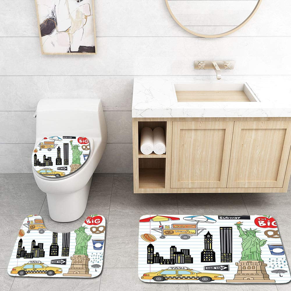 Erehome Doodle New York City Manhattan Statue Liberty Big Apple Hot Dog Stand Sketch Style 3 Piece Bathroom Rugs Set Bath Rug Contour Mat And Toilet Lid Cover Walmart Canada