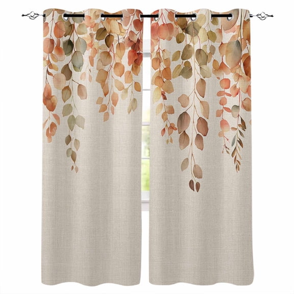 Orange Botanical Blackout Curtains for Bedroom/Living Room, Thermal Insulated Kitchen Curtains, Farmhouse Leaf Fall Thanksgiving Grommet Darkening Window Treatment Drapes 42"x84"x2