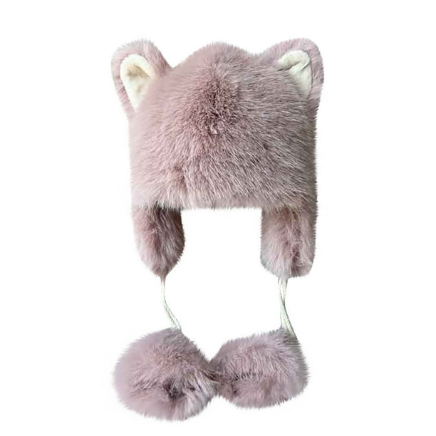 Gorro de invierno para mujer, de felpa, con orejas de colores lisos, cálido y resistente al frío, de poliéster.