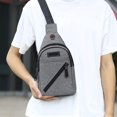thumbnail image 4 of Bolsa de pecho para hombres, mujeres | Bolso bandolera bandolera con múltiples compartimentos con cremallera, correa ajustable, agujero para auriculares | Azul gris Oxford de tela ligera 32x19x6cm, 4 of 6