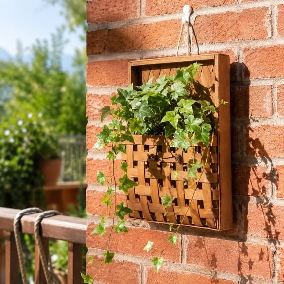 Indoor Wooden Hanging Wall Basket, Decorative Wall Mount Flower Arrangement Planter, Rustic Storage Organizer for Background Wall, Entryway, Living Room & Home Decor, Brown