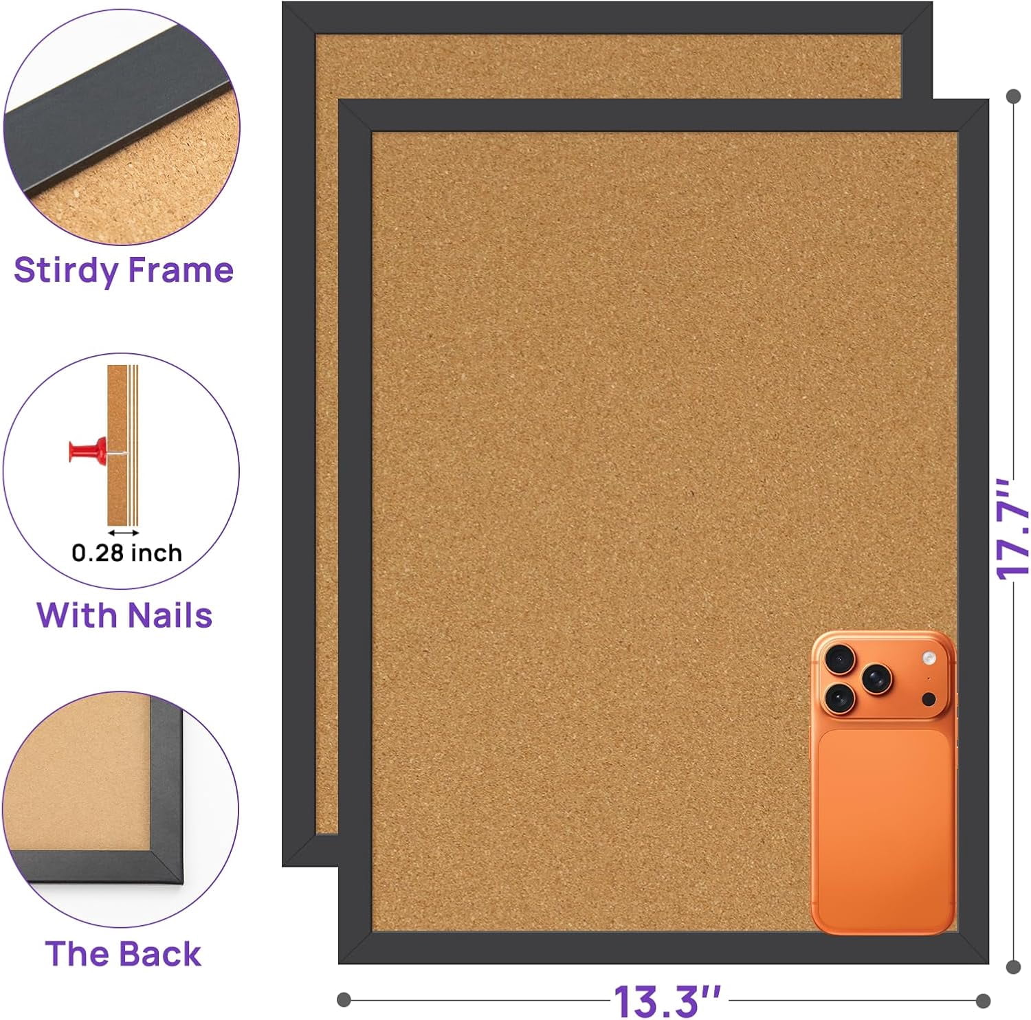 2 Pcs Cork Board, 17.7''x13.3'' Bulletin Black Framed Corkboards for Wall, Small Vision Board Supplies, Prayer Picture Photos, Office, Home Decor, School