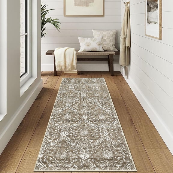 2x6 ft Washable Runner Rug Vintage Medallion Hallway Carpet Low Pile Non Slip Floor Rug Foldable Indoor Carpet for Entryway Bedroom Kitchen, Khaki