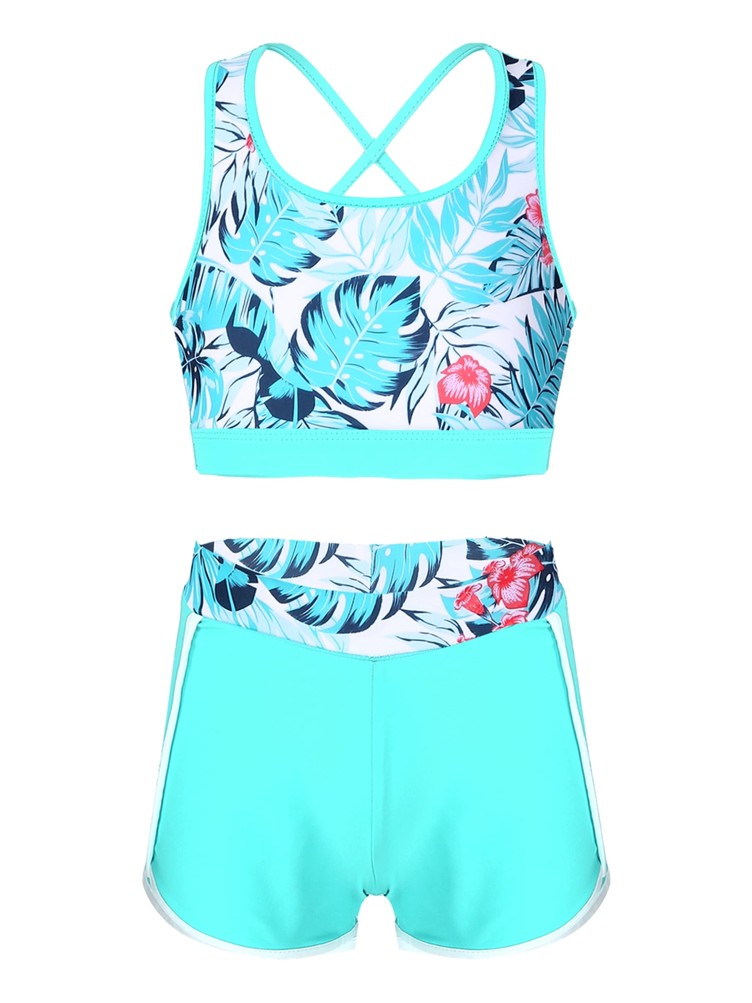 iiniim Girl's 2 Piece Swimsuit Tropical Print Tankini Sets Criss Cross ...