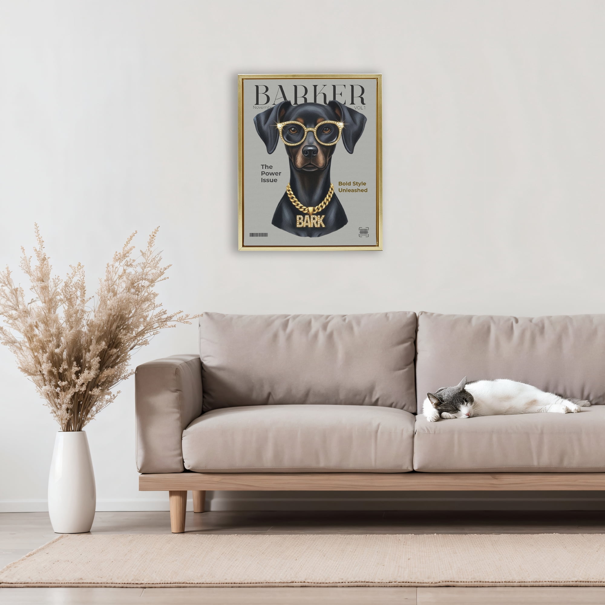Stupell Industries Barker Dog Fashion Magazine Gold Framed Floater Canvas Wall Art, design by A Barefoot Stylist
