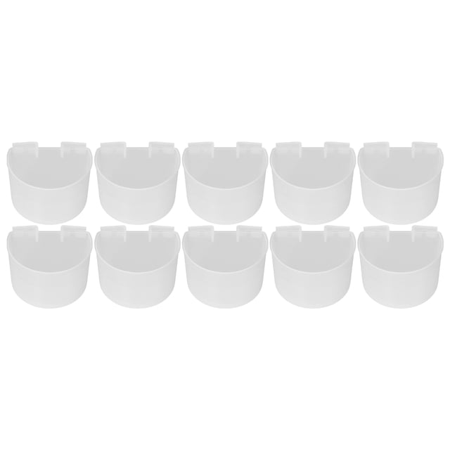 10 vasos de plástico transparente para alimentación de palomas, seguros y colgantes, con diseño semicircular.
