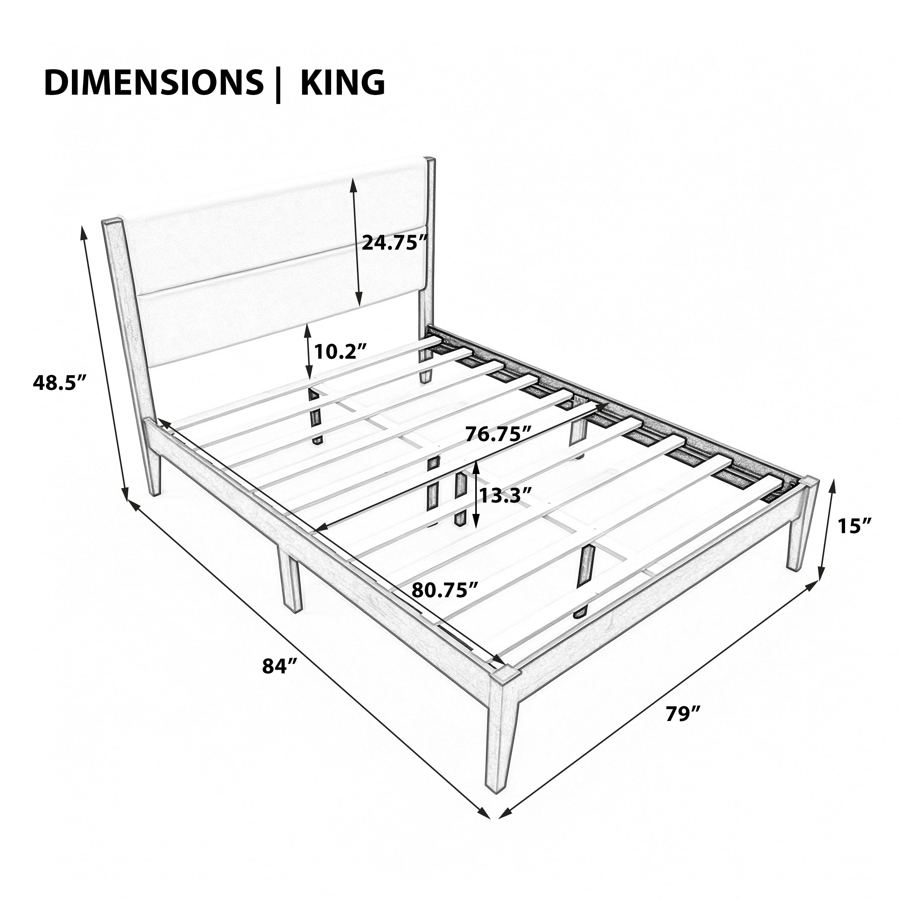 King Size Modern Wood Platform Bed Frame with Upholstered Headboard, No Box Spring Needed